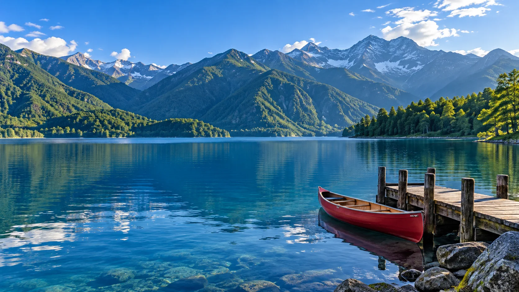 A red canoe on a blue alpine lake